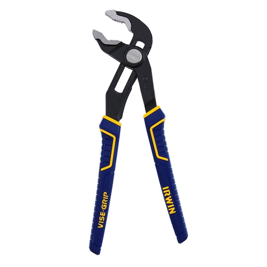 Photo of IRWIN 2078110 groove joint pliers with blue and yellow VISE-GRIP handles on white background.