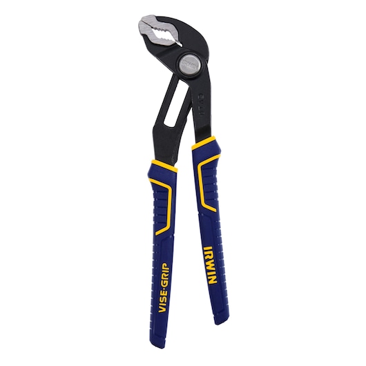 IRWIN 2078110 groove joint pliers with blue and yellow handles, front view on white background.