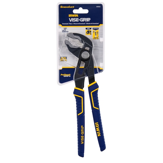 IRWIN GrooveLock pliers 10 inch with blue and yellow ProTouch grips, front view on white background, 2078110.