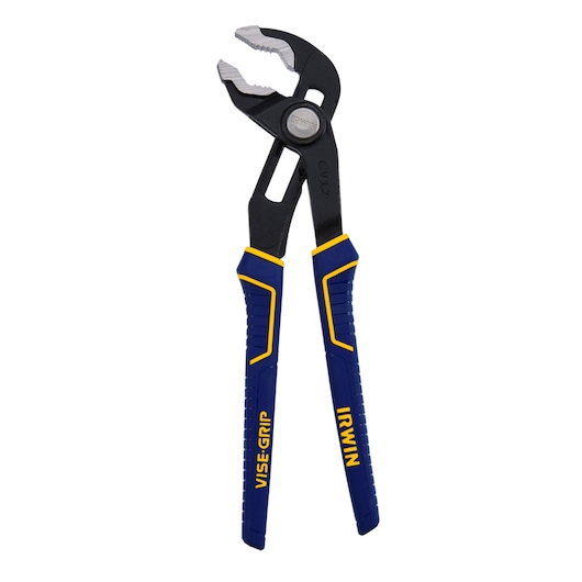 IRWIN VISE-GRIP groove joint pliers with blue and yellow handles, SKU 2078112, front angle, on white background.