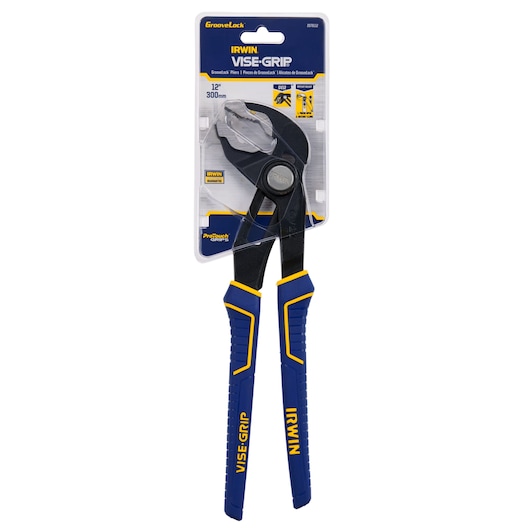 IRWIN 2078112 GrooveLock pliers with blue and yellow ProTouch grips, front angle, on white background.