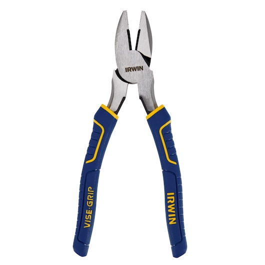 IRWIN 2078208 linesman pliers with blue and yellow grip, front view on white background.