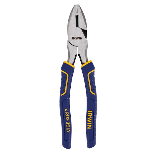 IRWIN 2078208 lineman's pliers with blue and yellow VISE-GRIP handles, front view on white background.