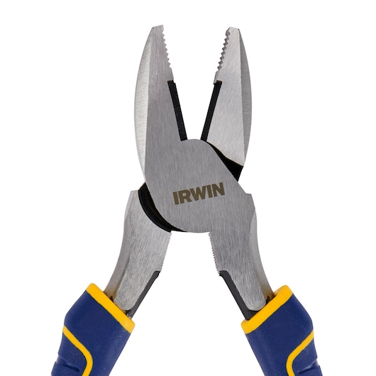 IRWIN 2078208 pliers with blue and yellow handles, close-up on white background, diagonal front angle.