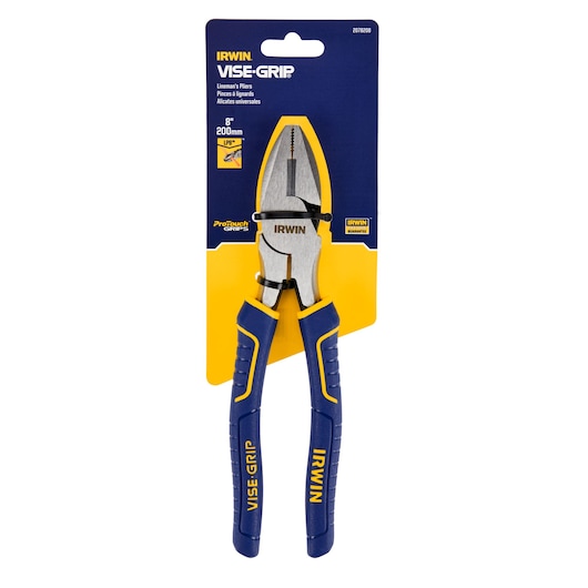 Photo of IRWIN lineman's pliers 2078208 with blue and yellow ProTouch grips in packaging, front angle.