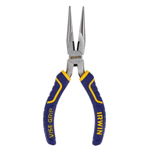 IRWIN 2078216 long nose pliers with blue and yellow VISE-GRIP handles, front angle on white background.