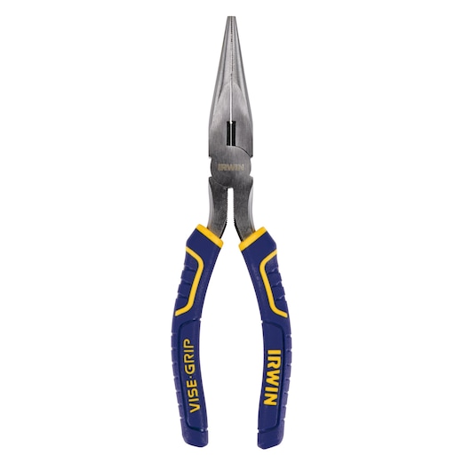 Photo of IRWIN 2078218 long nose pliers with blue and yellow handles, front angle on white background.