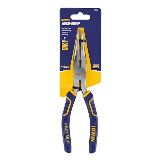 IRWIN long nose pliers 8 inch with blue and yellow ProTouch grips, front view, SKU 2078218.