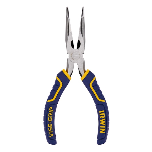 IRWIN 2078226 long nose pliers with blue and yellow grips, front angle on white background.