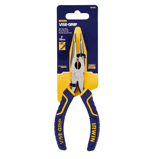 IRWIN bent nose pliers 2078226, blue and yellow handles, front angle, packaged, white background.