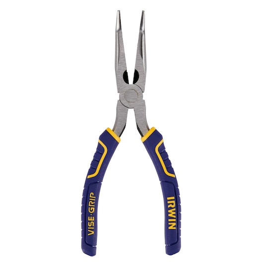 Photo of IRWIN 2078228 long nose pliers with blue and yellow VISE-GRIP handles, front view on white background.