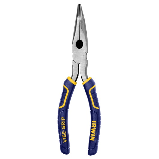 IRWIN long nose pliers 2078228 with blue and yellow VISE-GRIP handles, front view on white background.