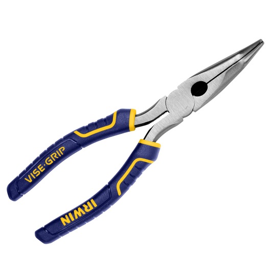 Photo of IRWIN 2078228 long nose pliers with blue and yellow VISE-GRIP handles, angled on white background.