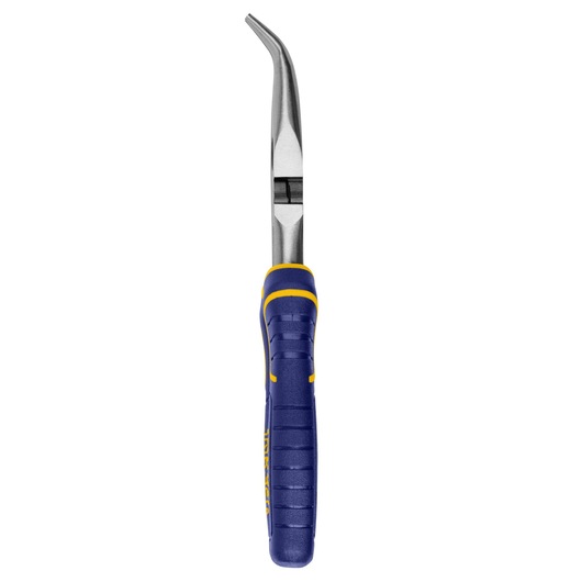 IRWIN 2078228 bent long nose pliers with blue and yellow ergonomic handle, front view on white background.