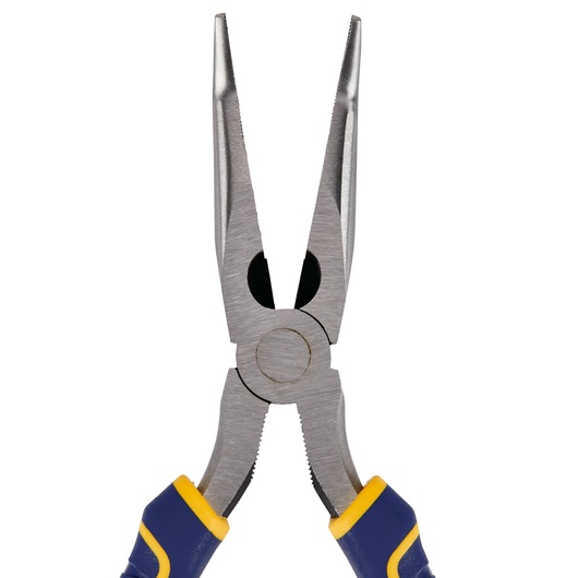IRWIN 2078228 long nose pliers with blue and yellow handles, front angle on white background.