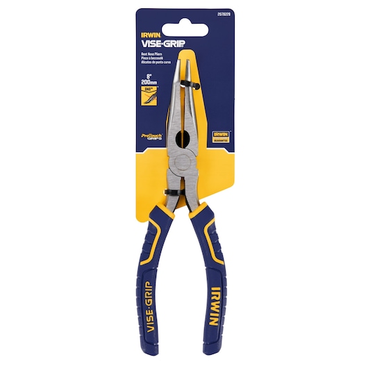 IRWIN VISE-GRIP bent nose pliers 8 inch with blue and yellow handles front view in packaging 2078228.