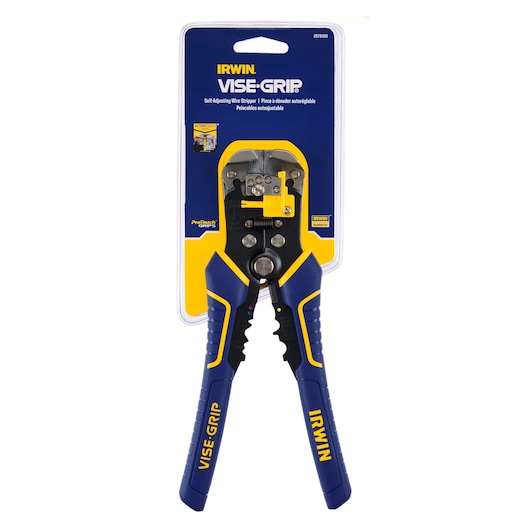 IRWIN 2078300 self-adjusting wire stripper with blue and yellow VISE-GRIP handles, packaged, front view.