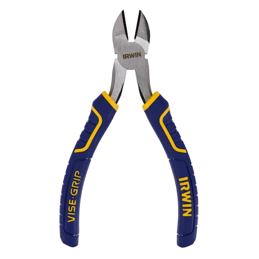 IRWIN diagonal cutting pliers 2078306, blue and yellow handles, front angle on white background.