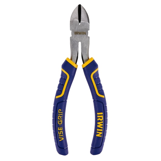Photo of IRWIN 2078306 diagonal cutting pliers with blue and yellow grip handles, front angle on white background.
