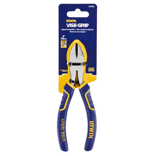 Photo of IRWIN 2078306 diagonal cutting pliers with blue and yellow handles, front angle on white background.