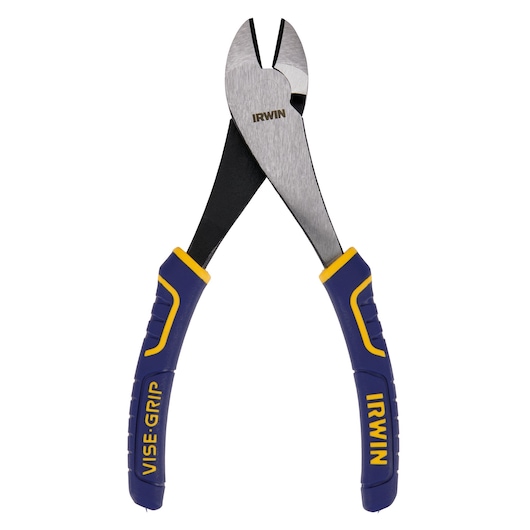IRWIN 2078307 diagonal cutting pliers with blue and yellow VISE-GRIP handles, front angle on white background.