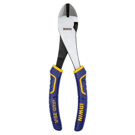 IRWIN 2078307 diagonal cutting pliers with blue and yellow grips, front angle on white background.