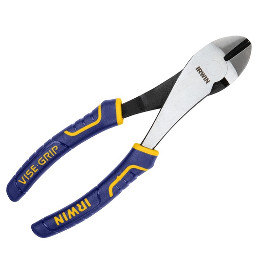 IRWIN SKU 2078307 diagonal cutting pliers with blue and yellow grip handles, side view on white background.