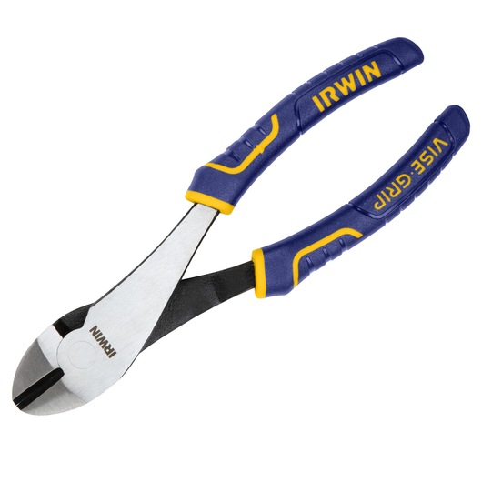 IRWIN 2078307 diagonal cutting pliers with blue and yellow grip, side angle, white background.