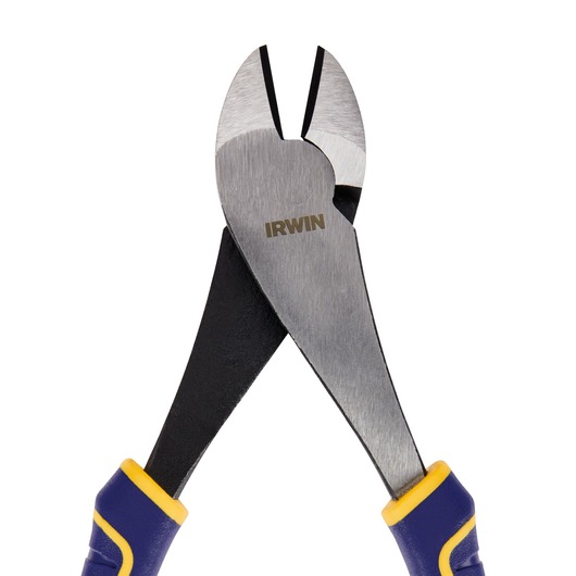 IRWIN 2078307 diagonal cutting pliers with blue and yellow grips, close-up on white background.