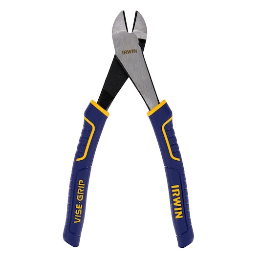 IRWIN 2078308 diagonal cutting pliers with blue and yellow VISE-GRIP handles, front view, white background.