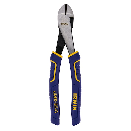 Photo of IRWIN 2078308 diagonal cutting pliers with blue and yellow VISE-GRIP handles, front view on white.