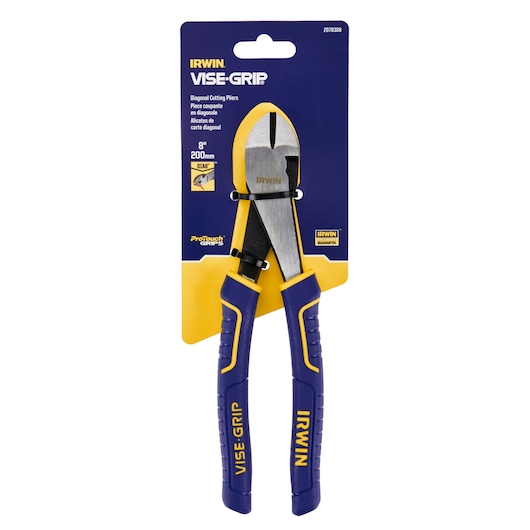 IRWIN 2078308 diagonal cutting pliers with blue and yellow ProTouch grips in retail packaging, front angle.