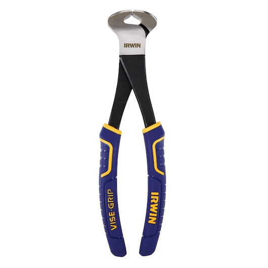 Photo of IRWIN end cutting pliers 2078318 with blue and yellow grip handles, front angle, white background.