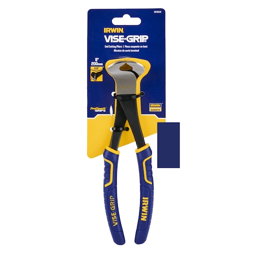 IRWIN VISE-GRIP end cutting pliers with blue and yellow handles, front angle, SKU 2078318.