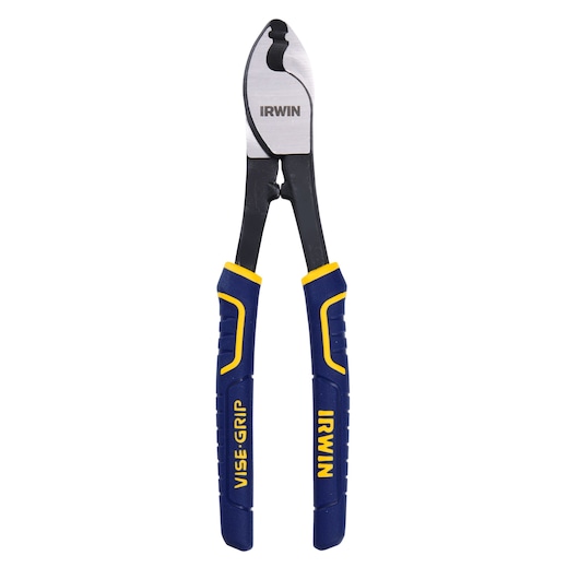 Photo of IRWIN cable cutter with blue and yellow VISE-GRIP handles, SKU 2078328, front angle on white background.