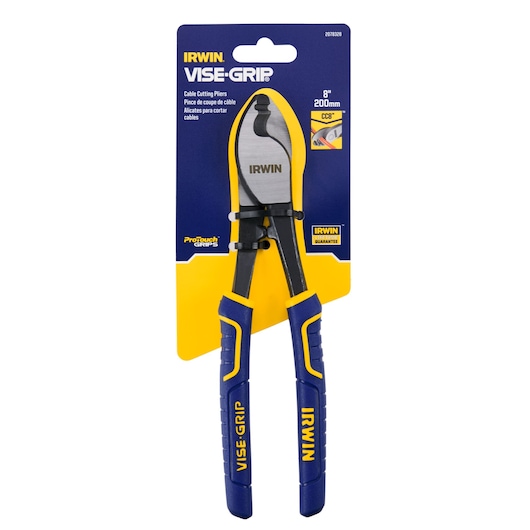 IRWIN 2078328 cable cutting pliers with blue and yellow ProTouch grips, front view on white background.