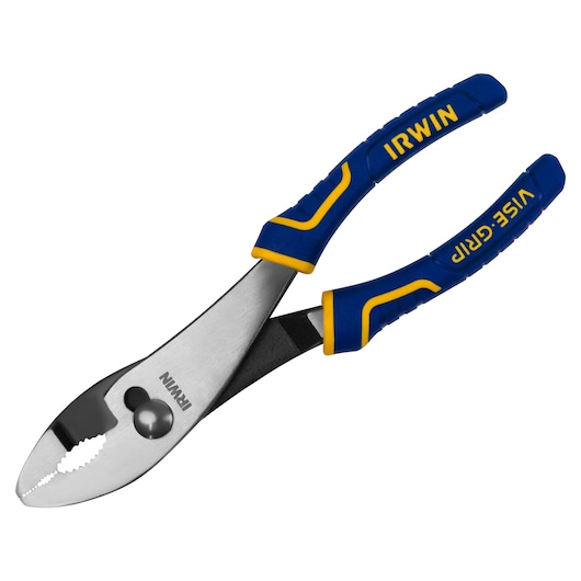 IRWIN 2078408 pliers with blue and yellow ergonomic handles, angled view on white background.