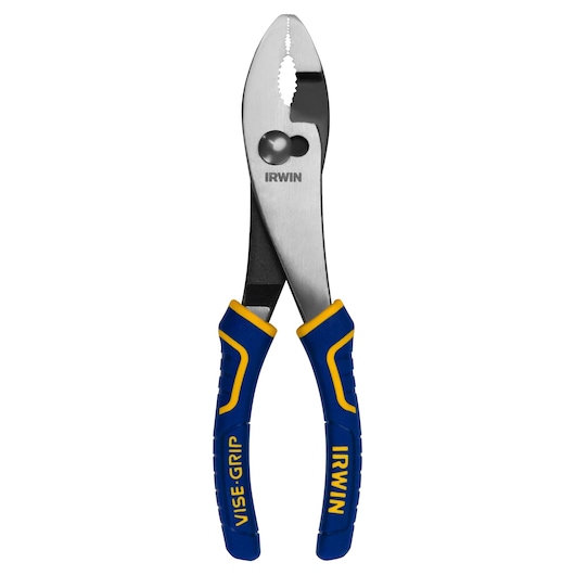 IRWIN 2078408 pliers, front angle, blue and yellow VISE-GRIP handles, silver steel jaws, white background.