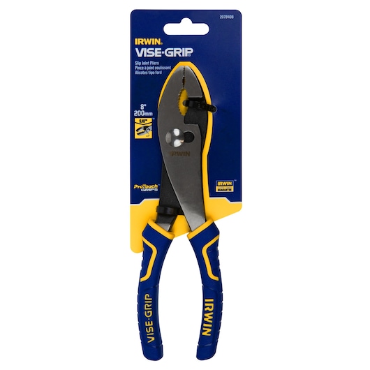 IRWIN slip joint pliers 2078408 with blue and yellow ProTouch grips, 8 inch, front angle on white background.