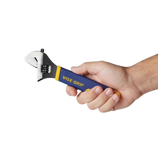 IRWIN 2078608 adjustable wrench with blue and yellow VISE-GRIP handle held in hand, front angle.