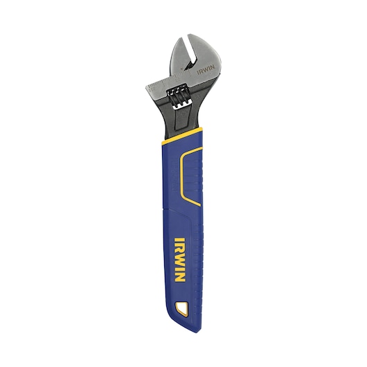 Photo of IRWIN adjustable wrench 2078610, blue and yellow handle, side angle on white background.