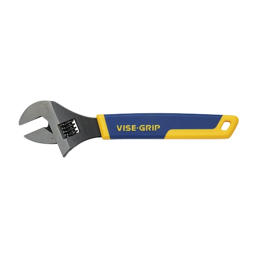 Photo of IRWIN adjustable wrench 2078610, blue and yellow handle, side angle on white background.