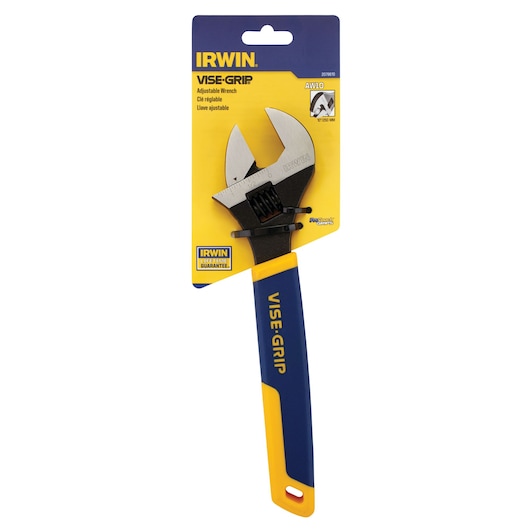 IRWIN adjustable wrench with blue and yellow VISE-GRIP handle in retail packaging, front view 2078610.