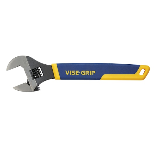 IRWIN 2078612 adjustable wrench with blue and yellow VISE-GRIP handle, side view on white background.
