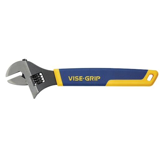IRWIN adjustable wrench with blue and yellow VISE-GRIP handle, SKU 2078612, side view on white background.
