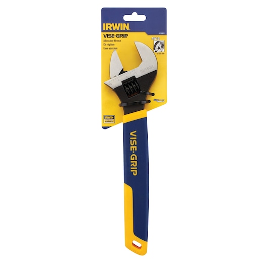 IRWIN adjustable wrench 2078612 with blue and yellow VISE-GRIP handle, packaged, front angle, white background.