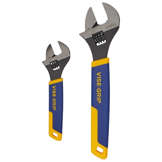 IRWIN 2078700 adjustable wrench set with blue and yellow VISE-GRIP handles, front angle on white background.