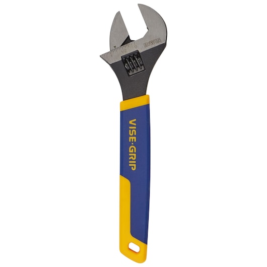 IRWIN adjustable wrench with blue and yellow VISE-GRIP handle, front angle, SKU 2078700, white background.