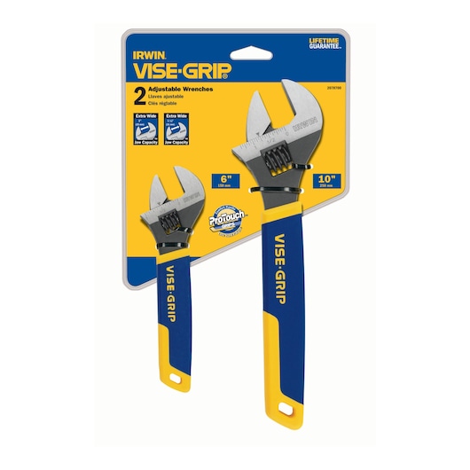 IRWIN VISE-GRIP 2078700 set of two adjustable wrenches with blue and yellow handles on retail packaging, front view.