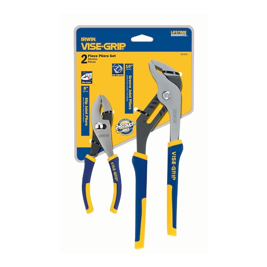 IRWIN 2078701 2-piece pliers set with blue and yellow handles, slip-joint and groove-joint pliers, front view on white background.